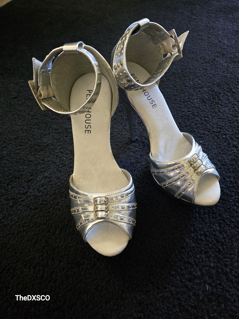Peep-Toe Ankle Strap Heels in Silver by Penthouse